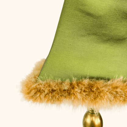 Tall Brass Table Lamp with Green Silk Feather Shade