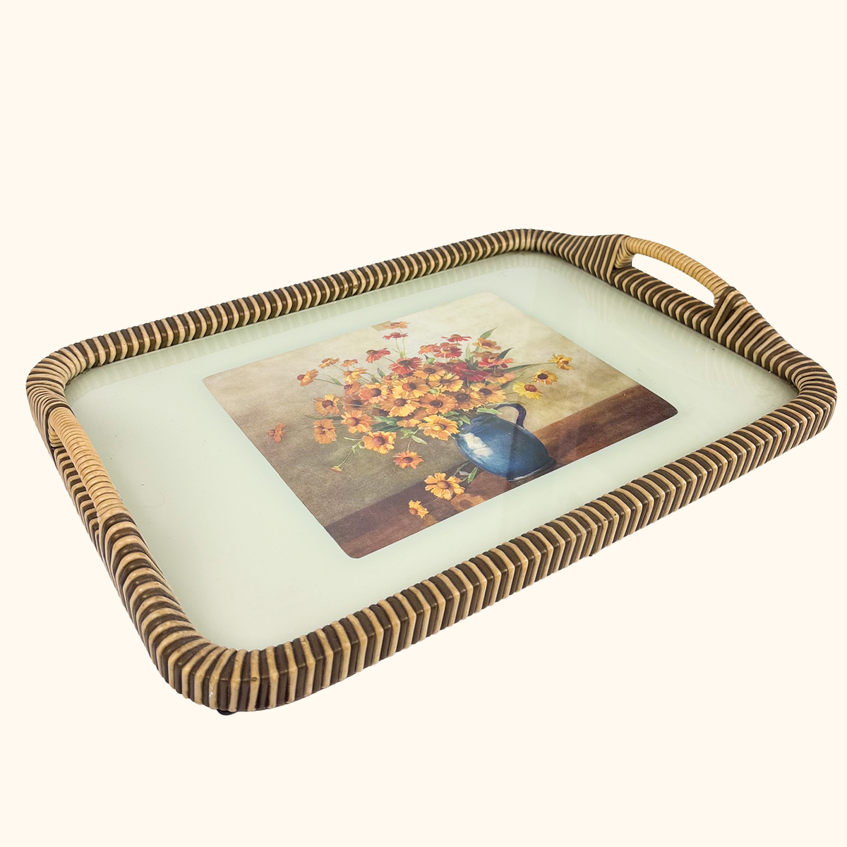 Vintage 1950s Floral Tray Rattan Style