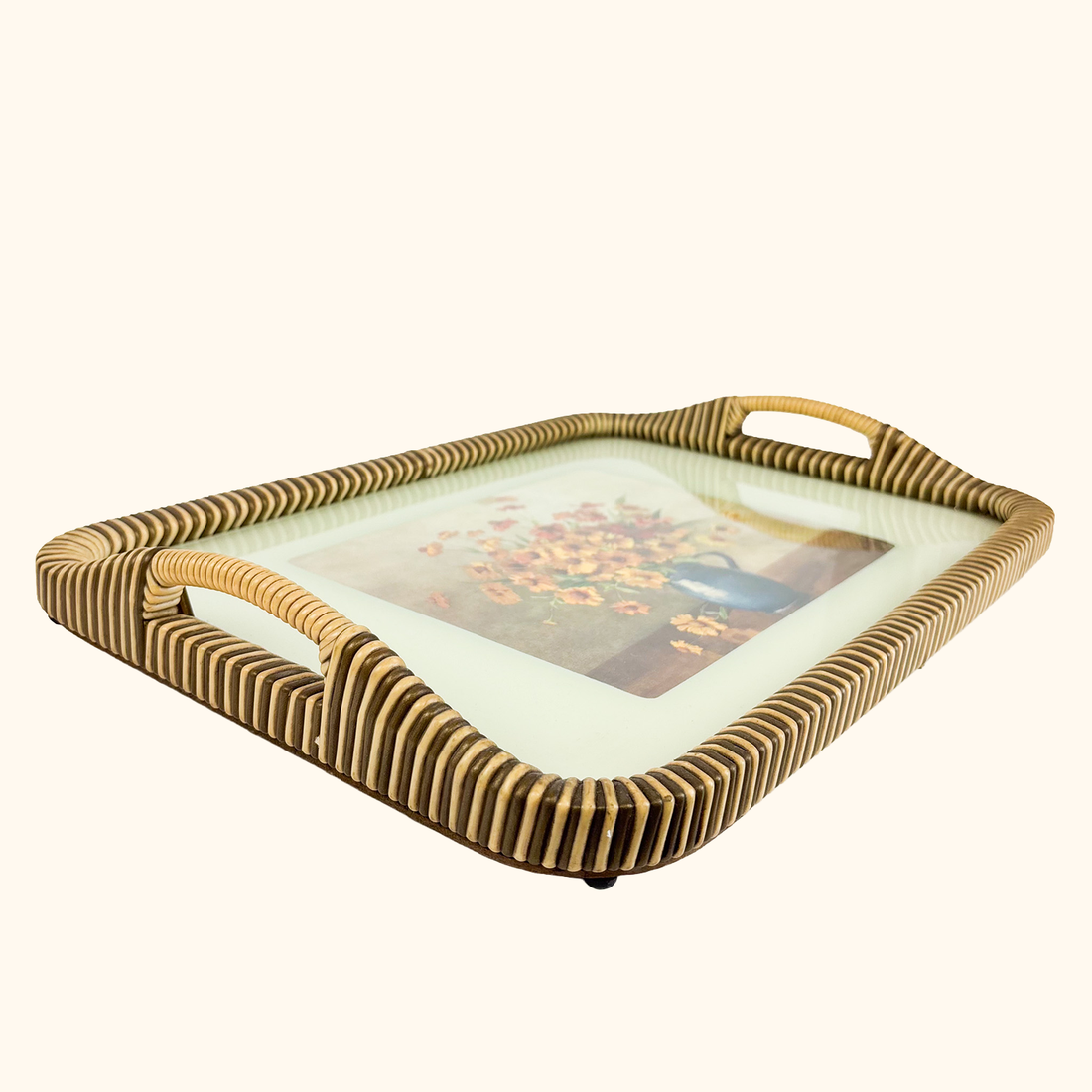 Vintage 1950s Floral Tray Rattan Style