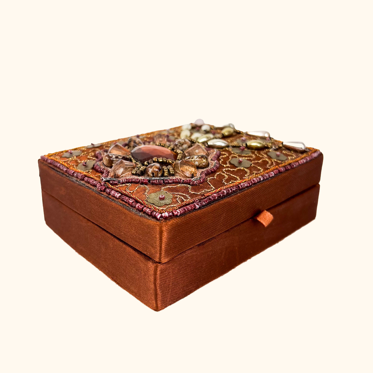 Brown Silk Beaded Jewellery Box