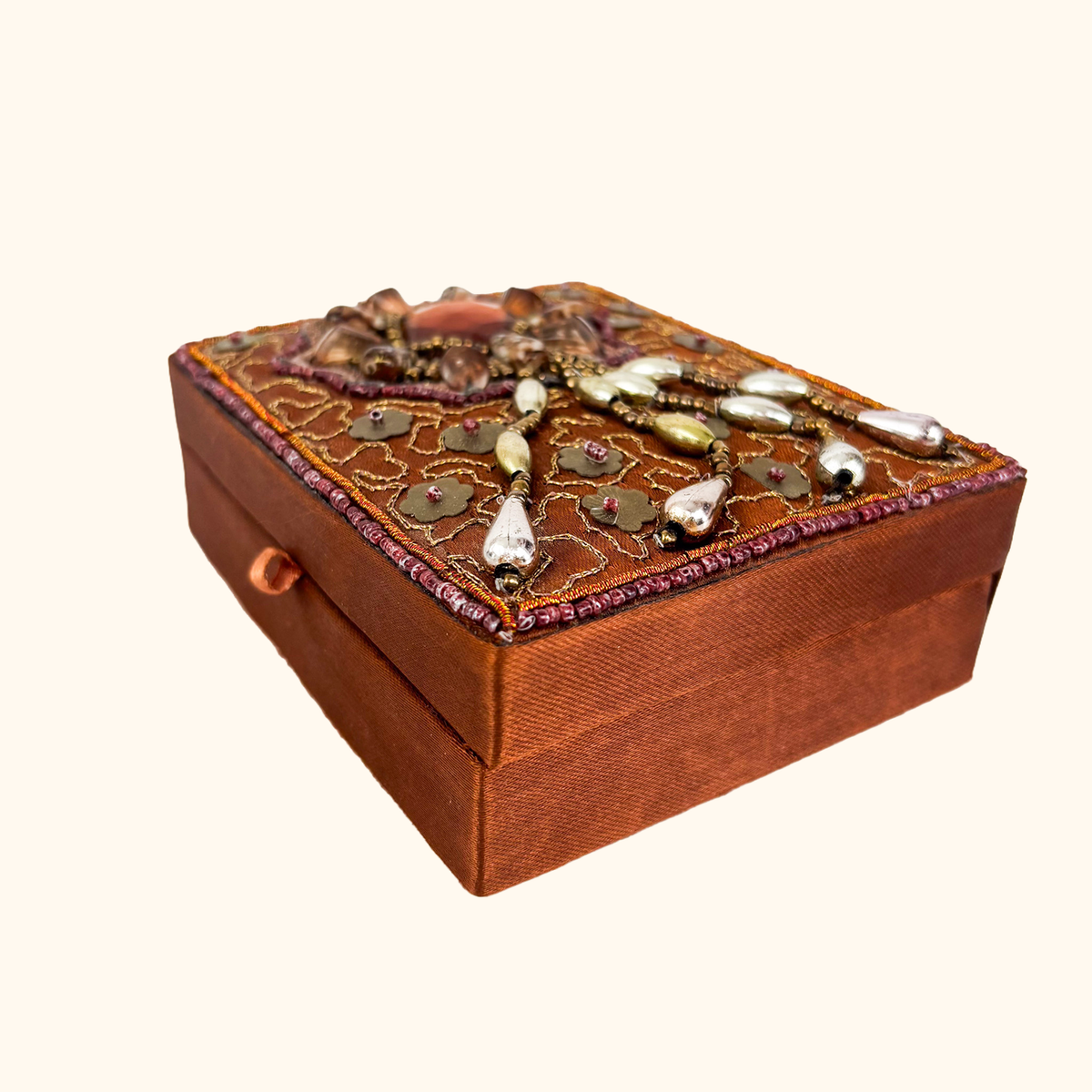 Brown Silk Beaded Jewellery Box