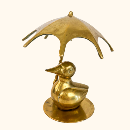 Solid Brass Duck Figurine with Umbrella