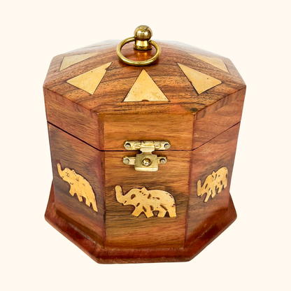 Octagonal Wood Jewellery Box Elephant Brass Inlay