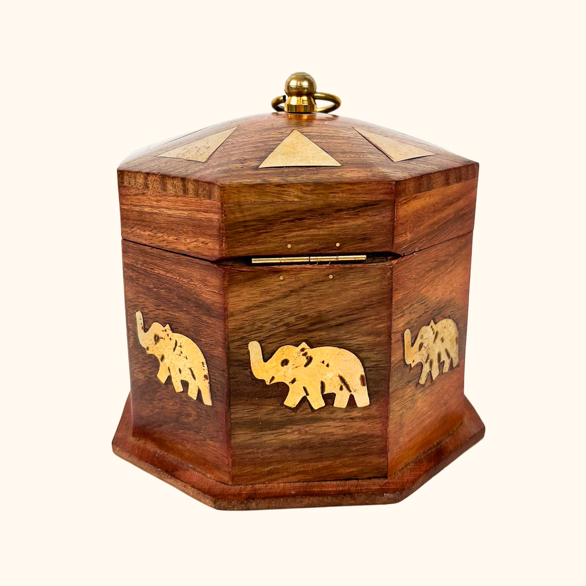Octagonal Wood Jewellery Box Elephant Brass Inlay