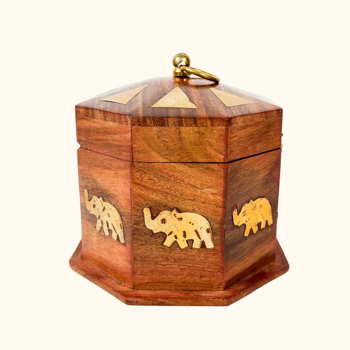 Octagonal Wood Jewellery Box Elephant Brass Inlay