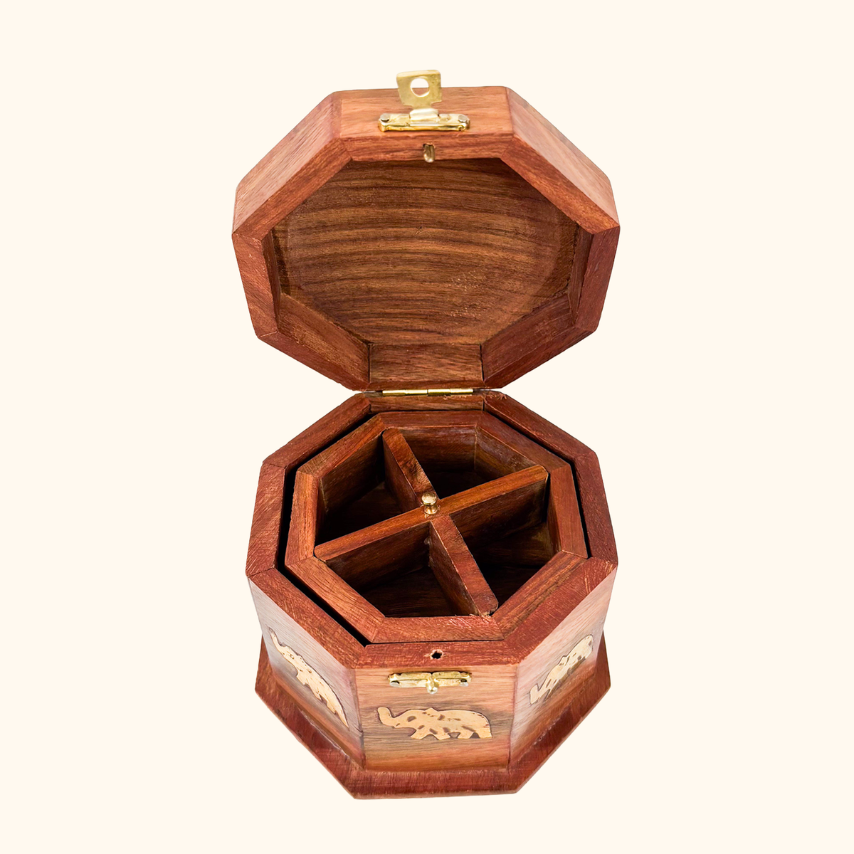 Octagonal Wood Jewellery Box Elephant Brass Inlay