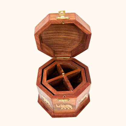 Octagonal Wood Jewellery Box Elephant Brass Inlay