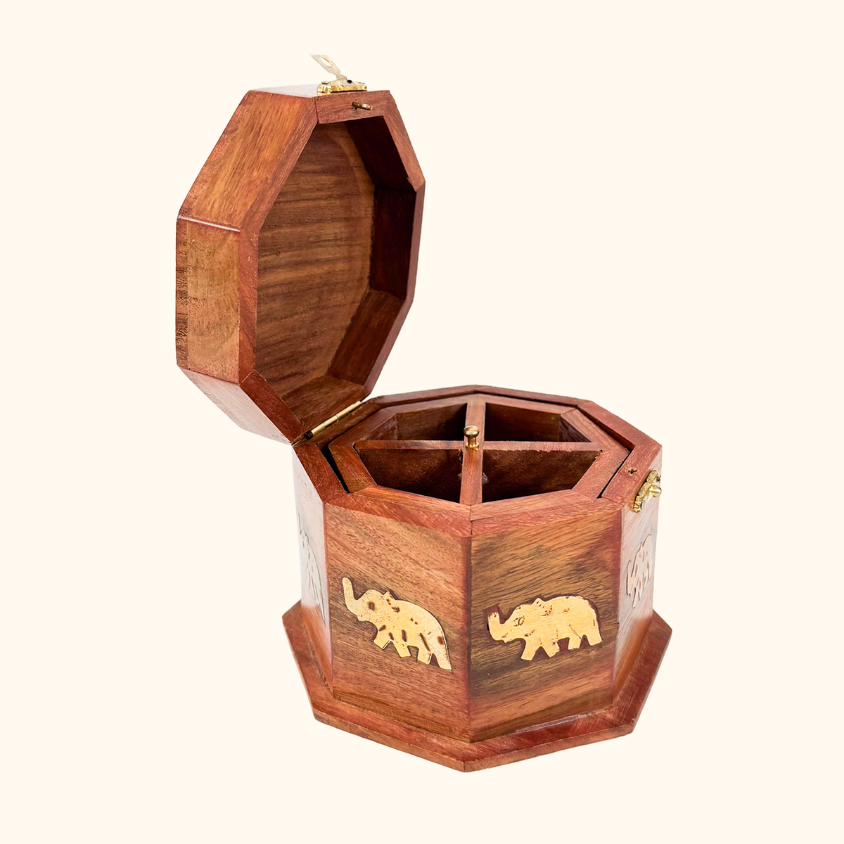 Octagonal Wood Jewellery Box Elephant Brass Inlay