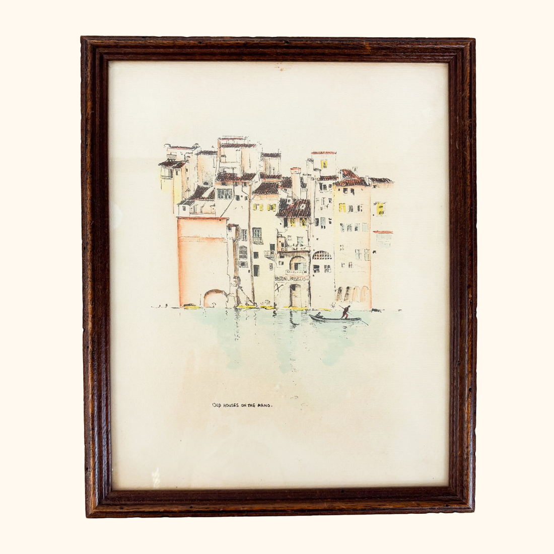 Vintage Framed Sketch Old Houses on the Arno Florence