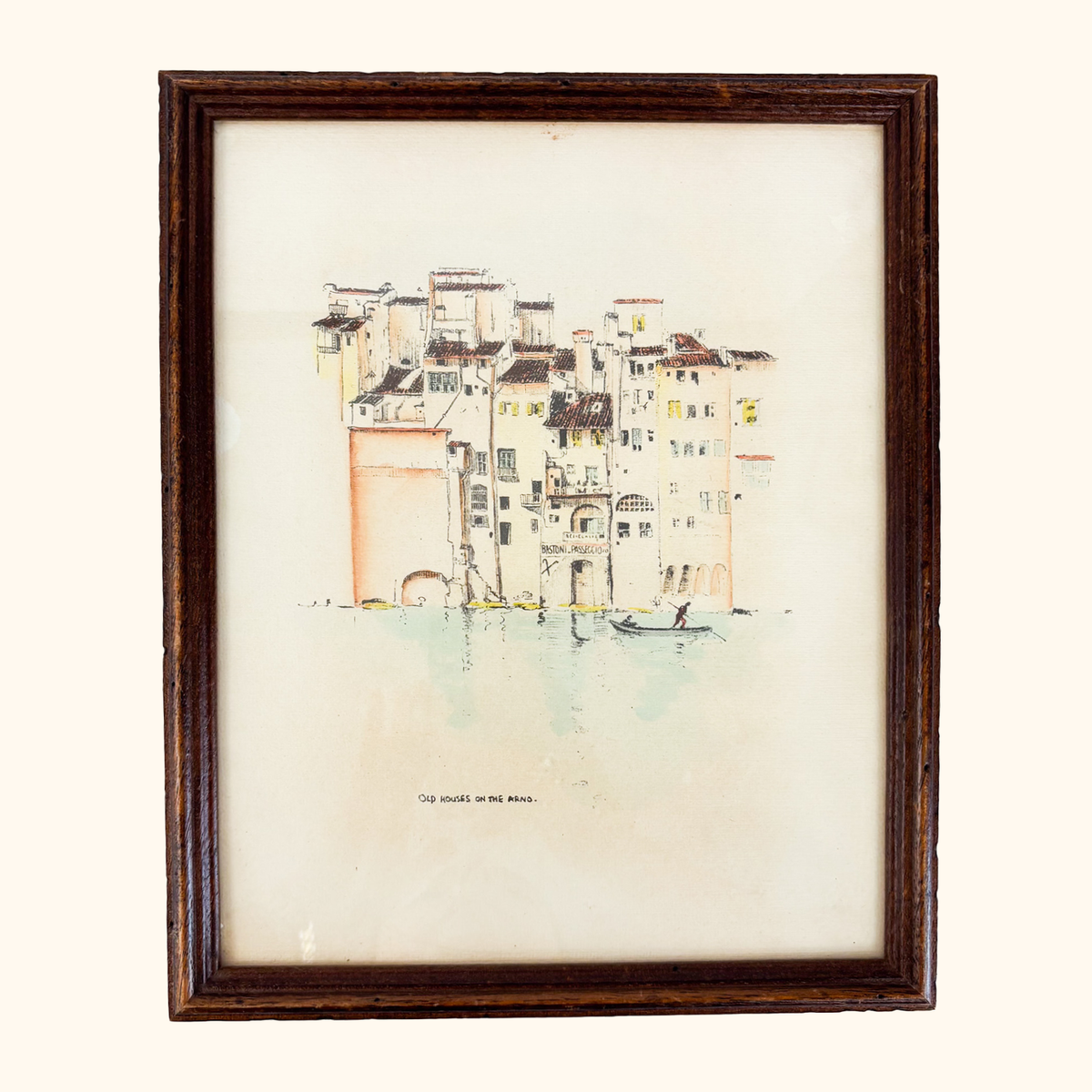 Vintage Framed Sketch Old Houses on the Arno Florence