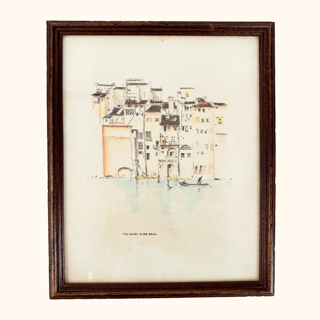 Vintage Framed Sketch Old Houses on the Arno Florence