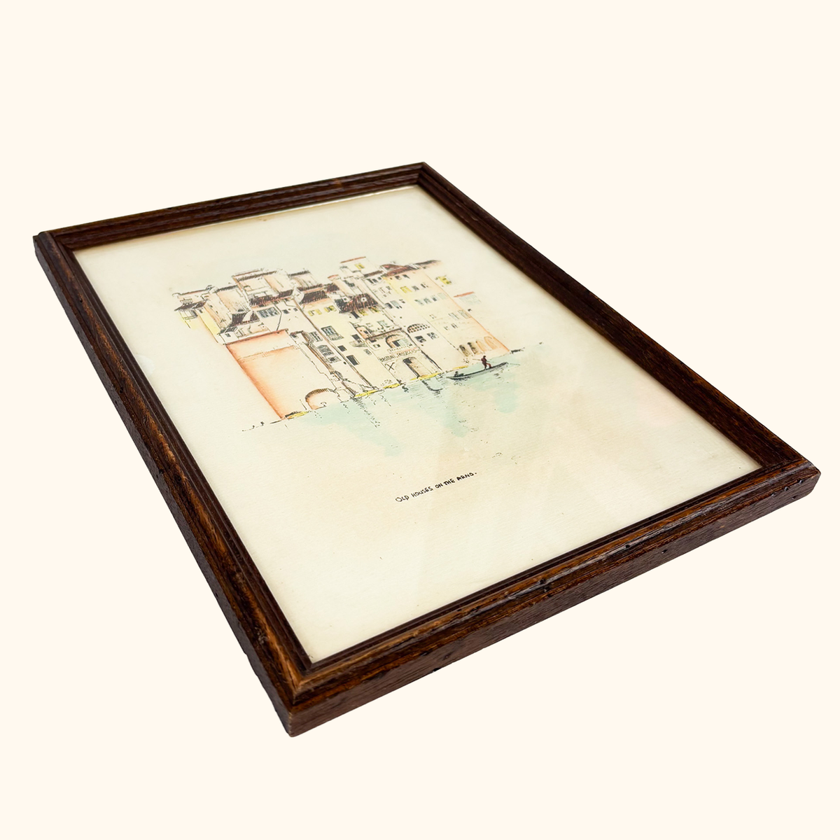 Vintage Framed Sketch Old Houses on the Arno Florence