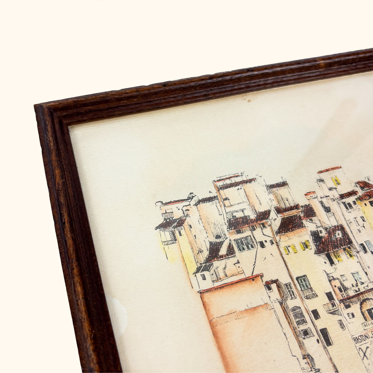 Vintage Framed Sketch Old Houses on the Arno Florence
