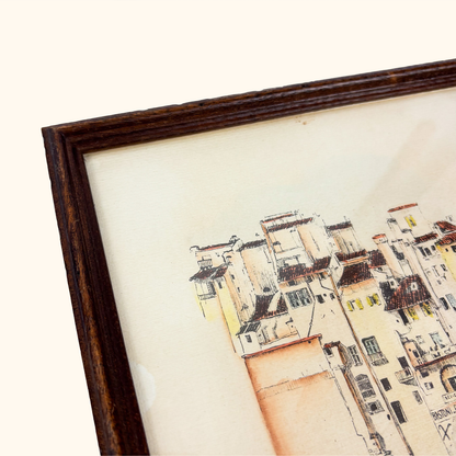 Vintage Framed Sketch Old Houses on the Arno Florence