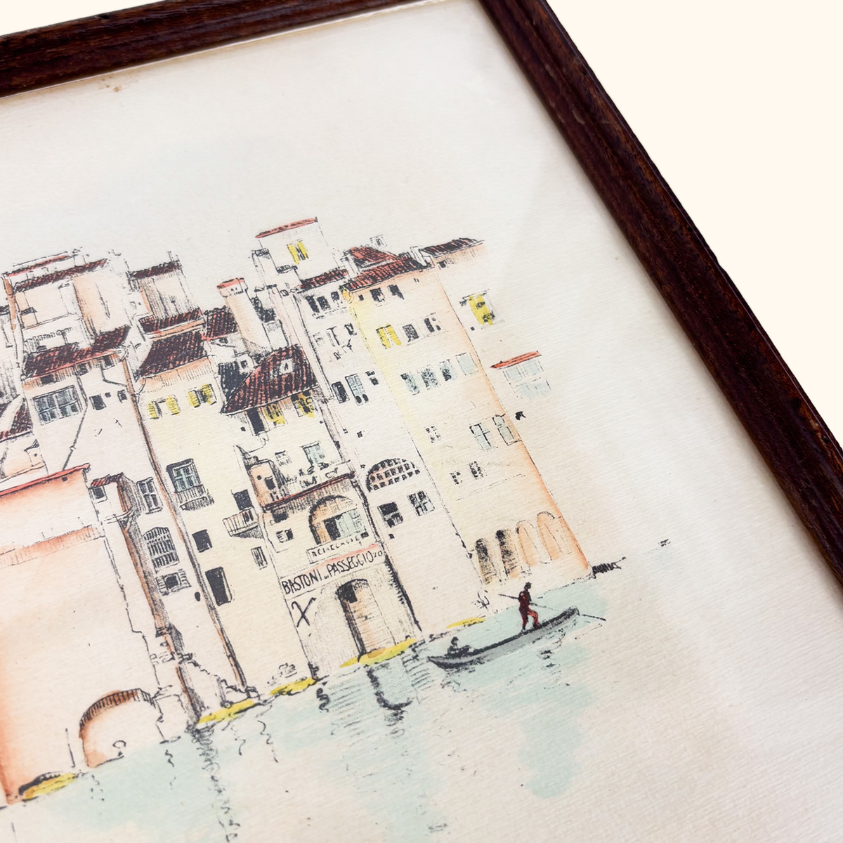 Vintage Framed Sketch Old Houses on the Arno Florence