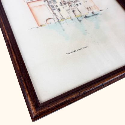 Vintage Framed Sketch Old Houses on the Arno Florence
