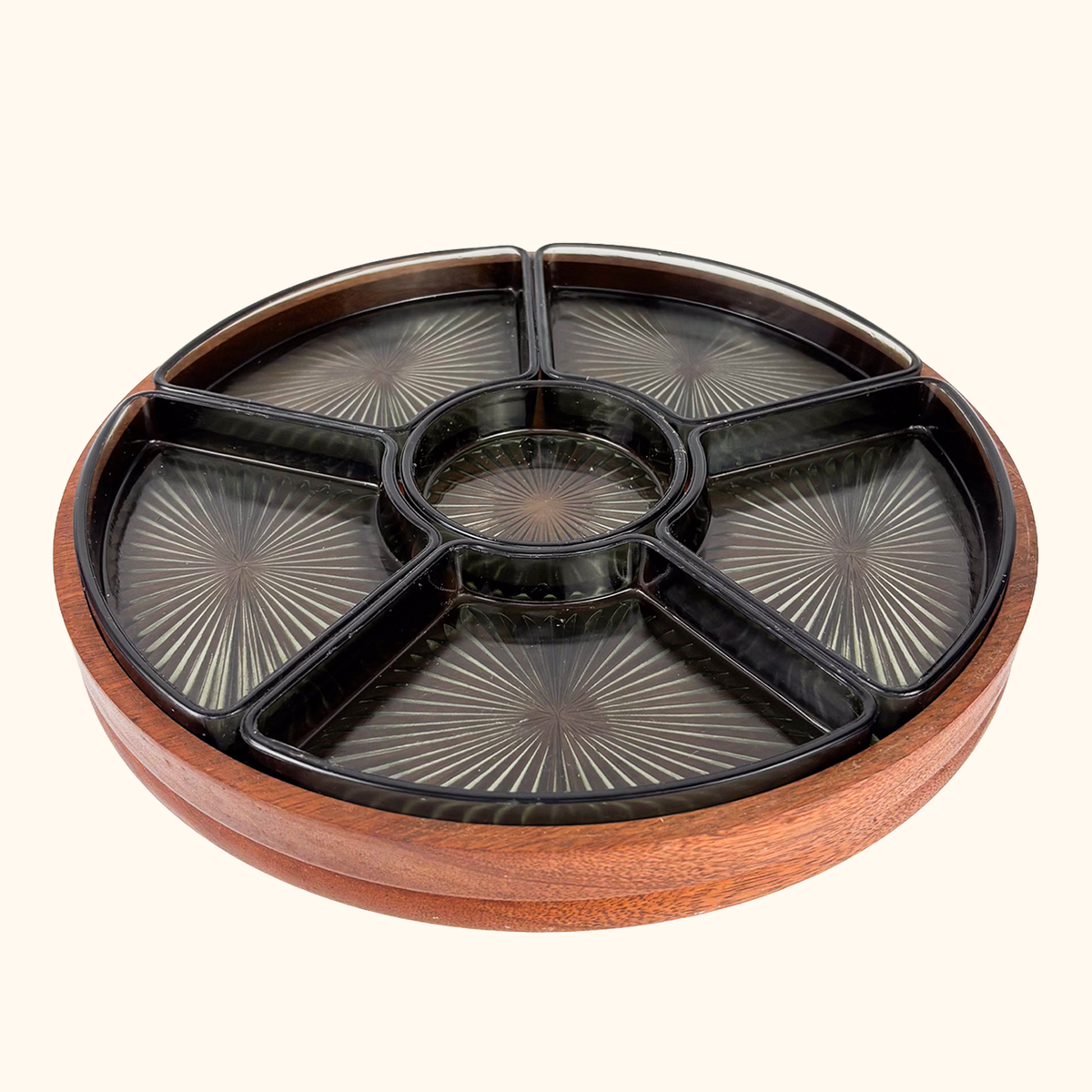Vintage 1970s Lazy Susan Teak Rotating Section Plate