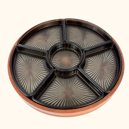 Vintage 1970s Lazy Susan Teak Rotating Section Plate