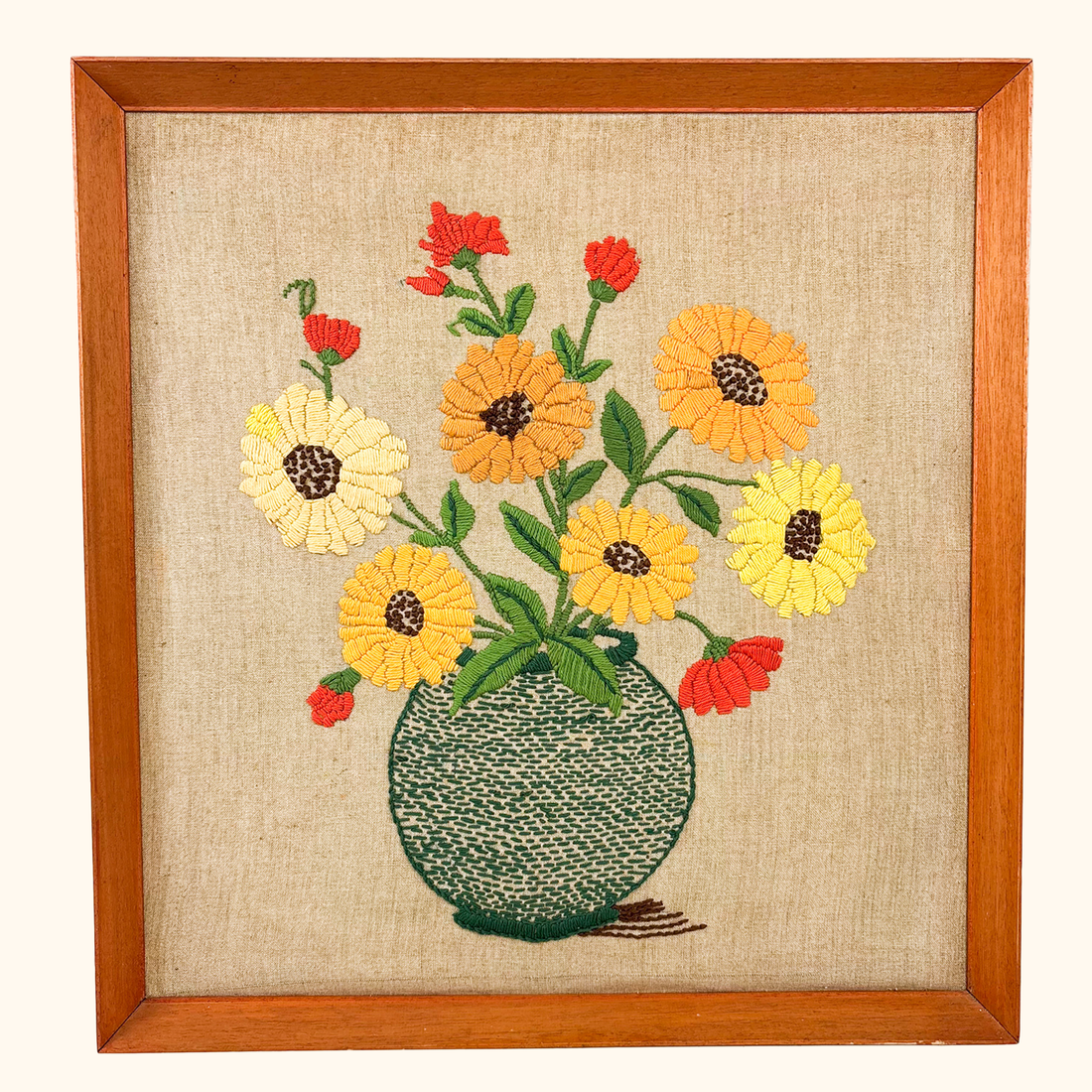 Mid Century Framed Crewel Embroidery Floral Art