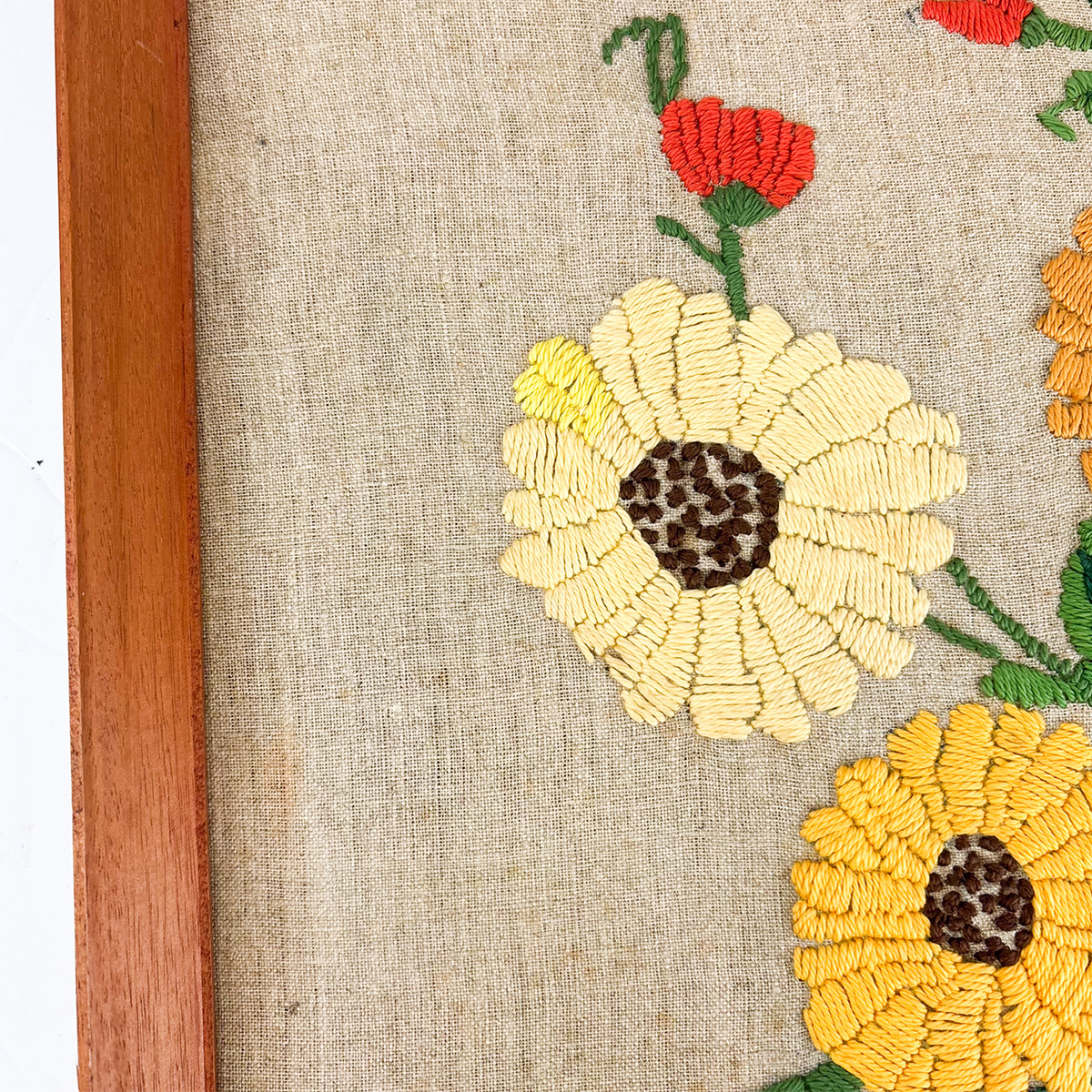 Mid Century Framed Crewel Embroidery Floral Art