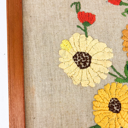 Mid Century Framed Crewel Embroidery Floral Art