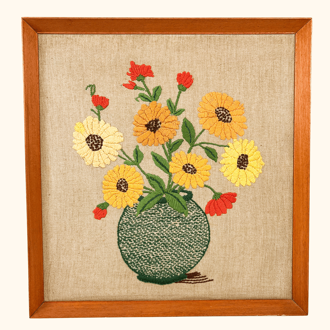 Mid Century Framed Crewel Embroidery Floral Art