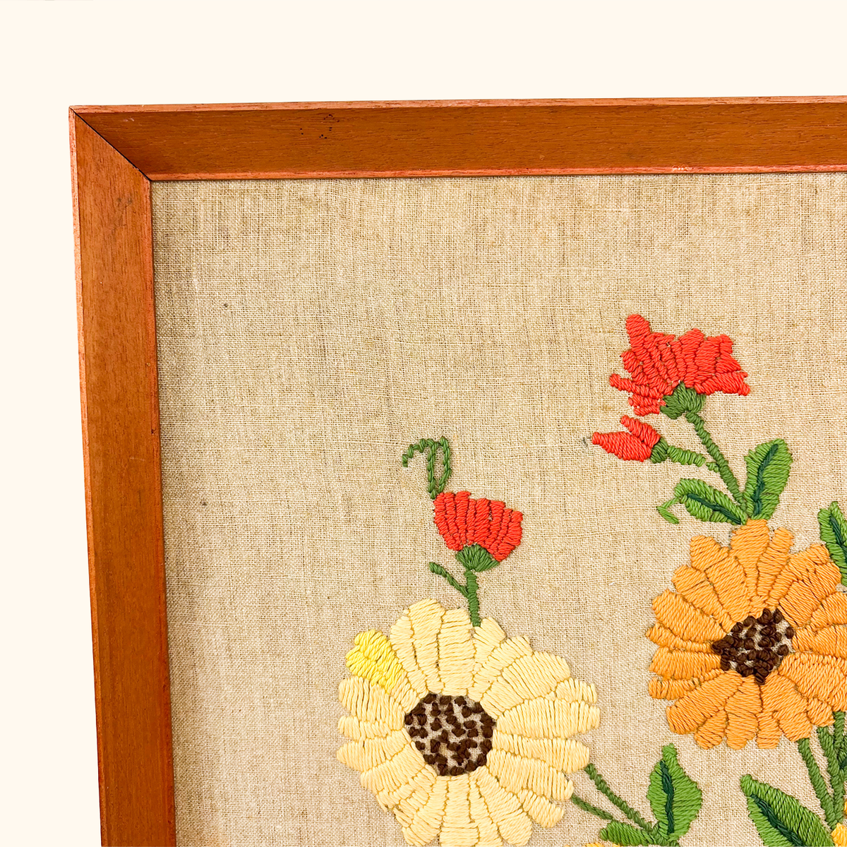 Mid Century Framed Crewel Embroidery Floral Art
