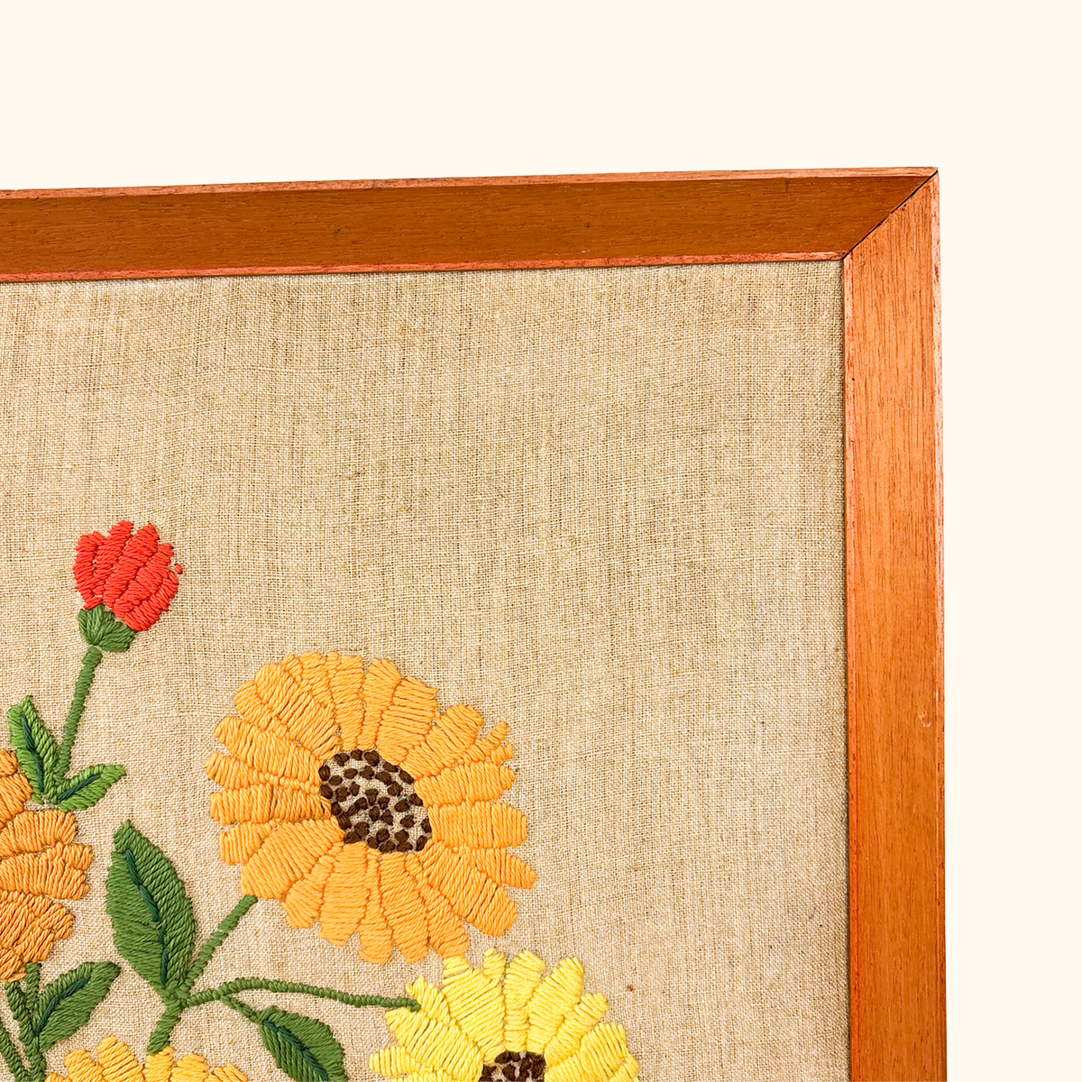 Mid Century Framed Crewel Embroidery Floral Art
