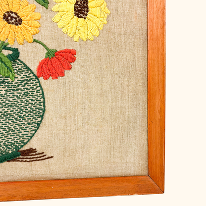 Mid Century Framed Crewel Embroidery Floral Art