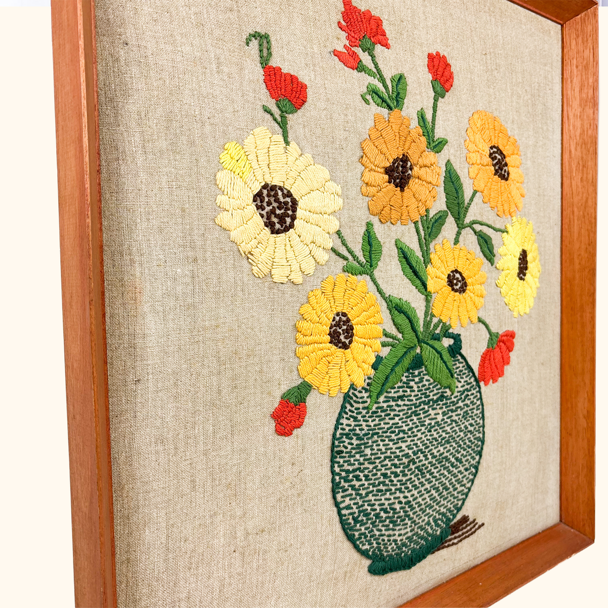 Mid Century Framed Crewel Embroidery Floral Art
