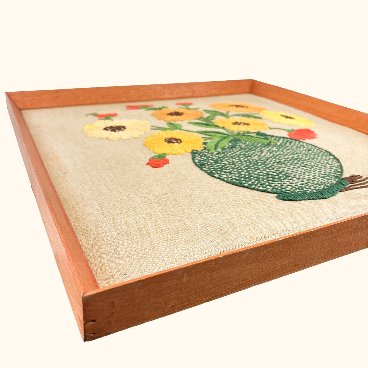 Mid Century Framed Crewel Embroidery Floral Art