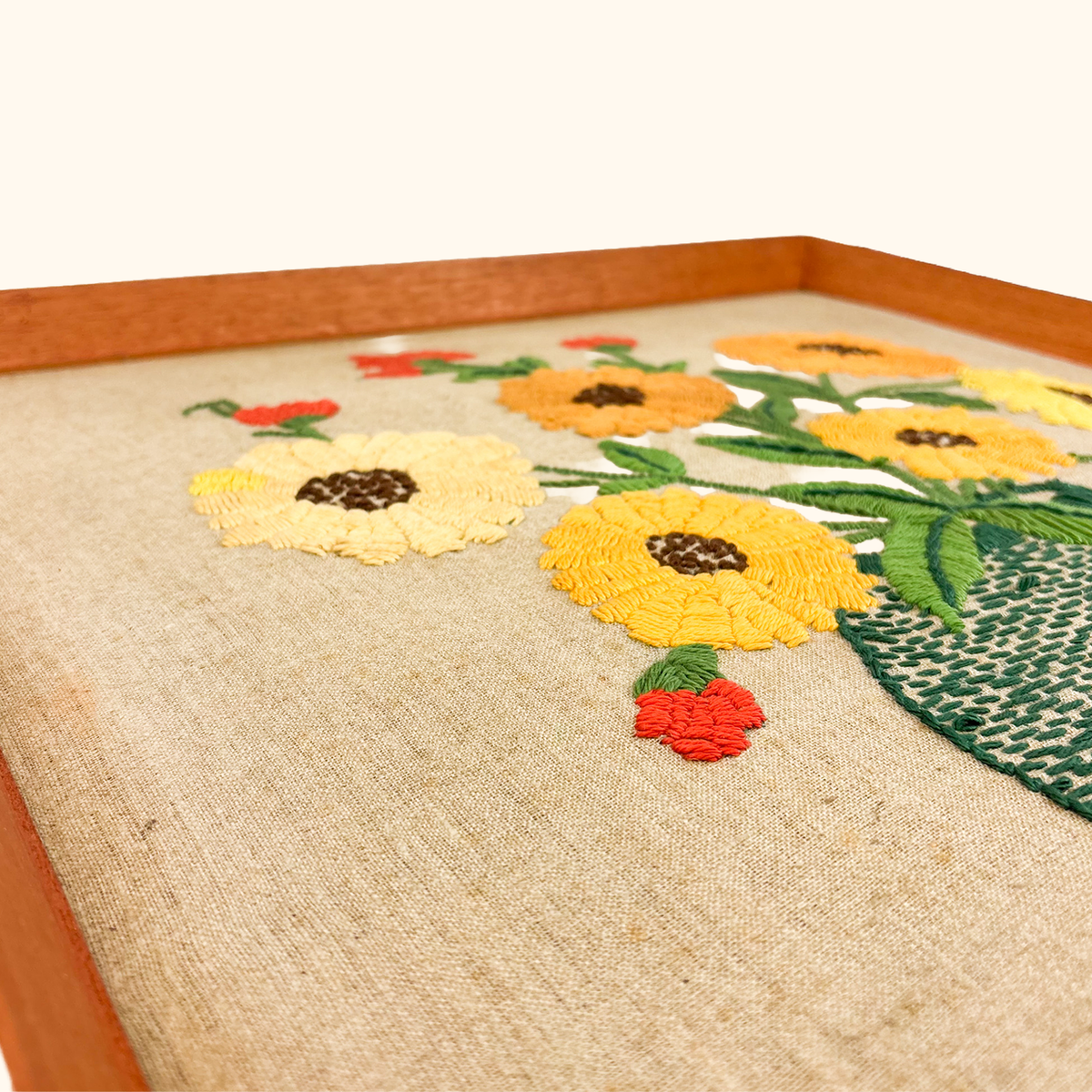 Mid Century Framed Crewel Embroidery Floral Art